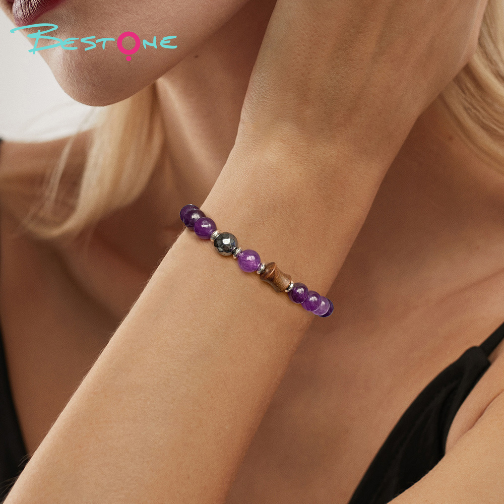 Wood Bead Stretch Bracelet with One Faceted Black Agate Accent