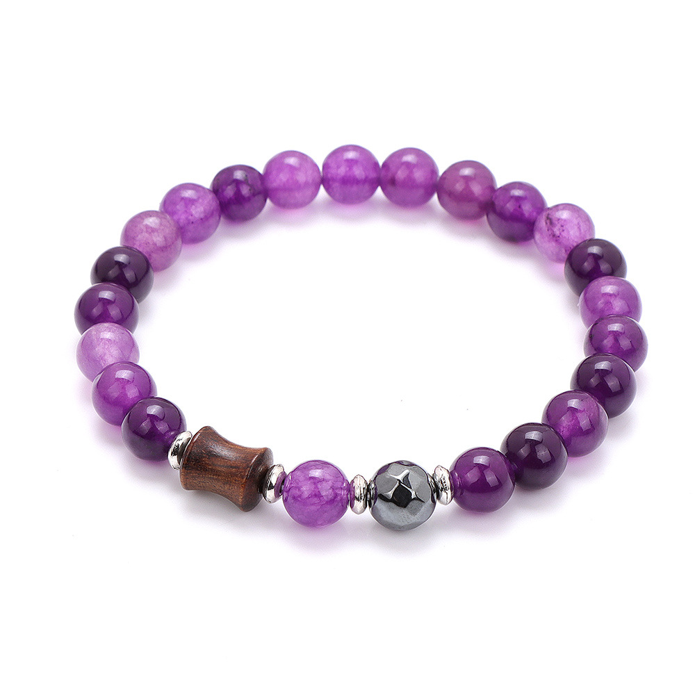 Wood Bead Stretch Bracelet with One Faceted Black Agate Accent