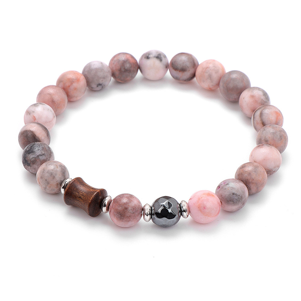 Wood Bead Stretch Bracelet with One Faceted Black Agate Accent