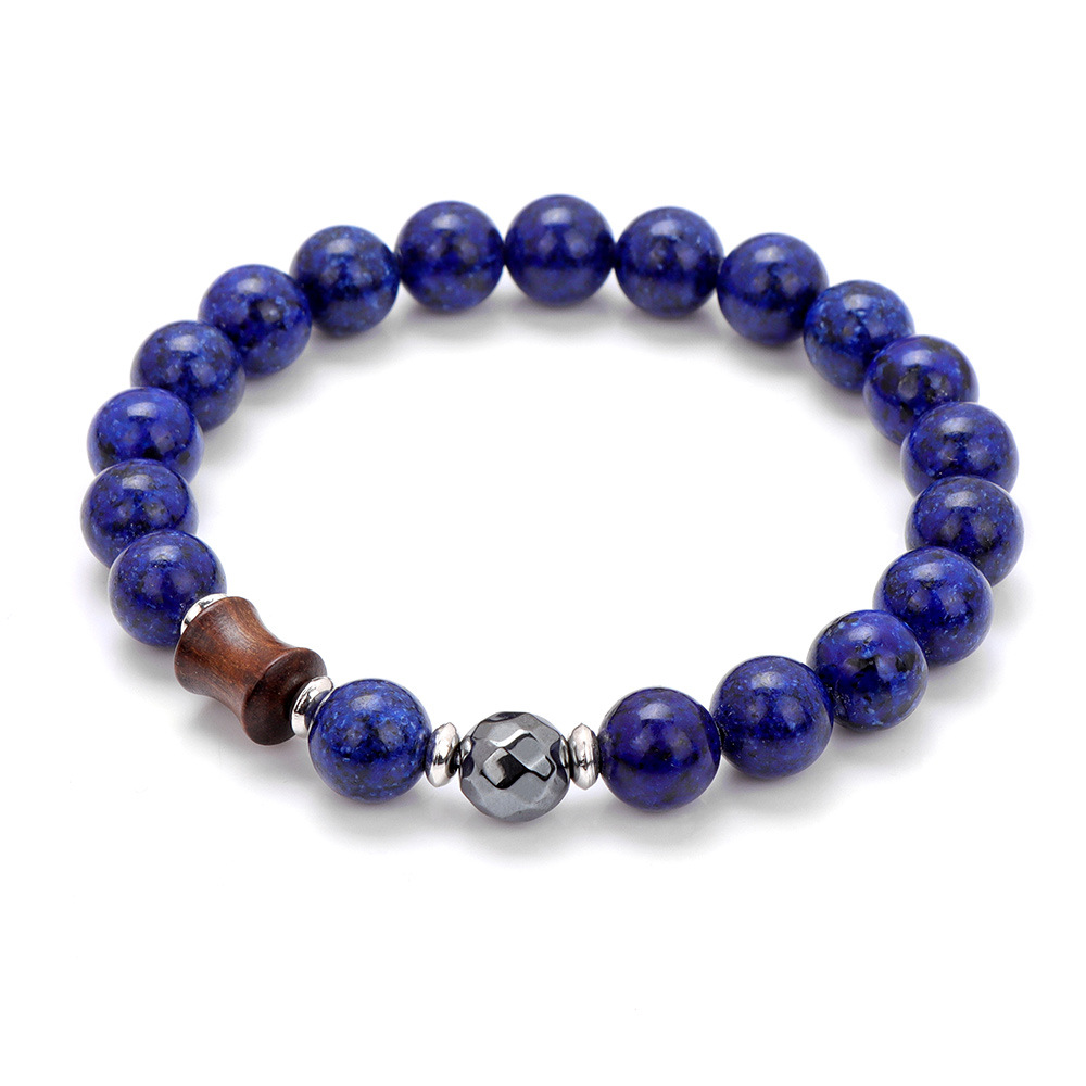 Wood Bead Stretch Bracelet with One Faceted Black Agate Accent