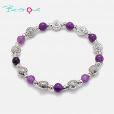Gemstone Stretch Bracelet with Tibetan Silver Vase Spacers & Silver Beads
