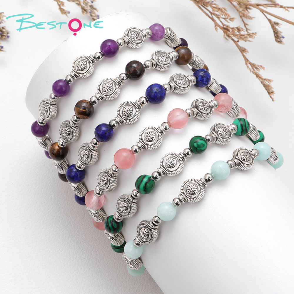 Gemstone Stretch Bracelet with Tibetan Silver Vase Spacers & Silver Beads