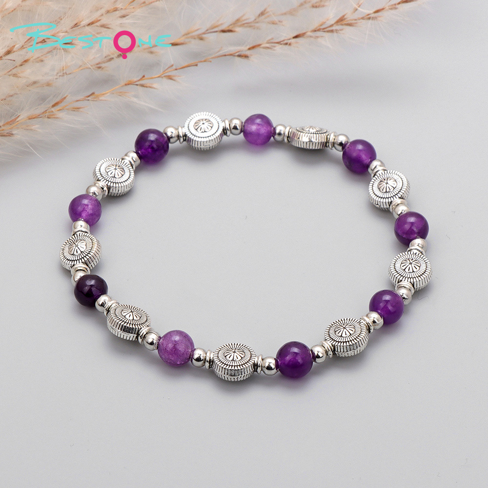 Gemstone Stretch Bracelet with Tibetan Silver Vase Spacers & Silver Beads