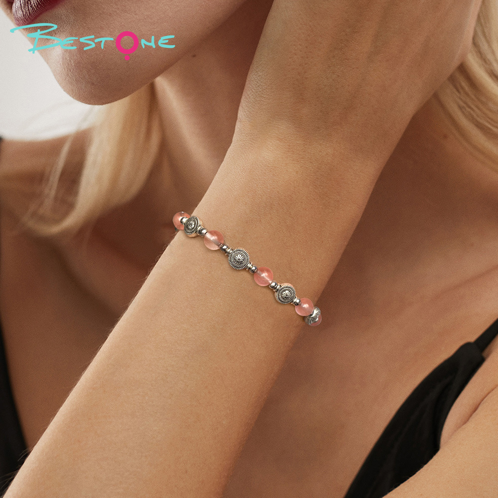 Gemstone Stretch Bracelet with Tibetan Silver Vase Spacers & Silver Beads