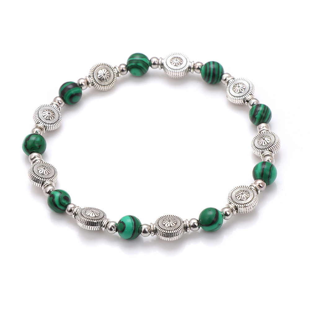Gemstone Stretch Bracelet with Tibetan Silver Vase Spacers & Silver Beads