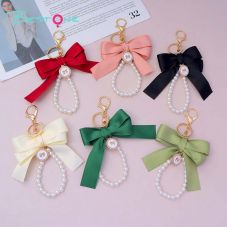 Custom Ribbon Bow Phone Charm & Bag Pendant with Pearl Chain – Alloy Strap 6 Inch