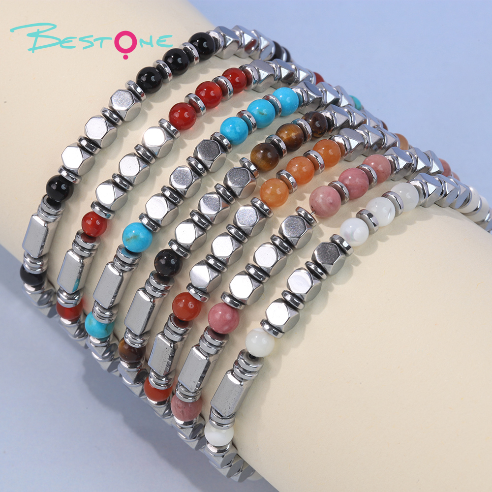 Natural Stone Bead Bracelet with Silver Hematite | Stainless Steel Jewelry Wholesale