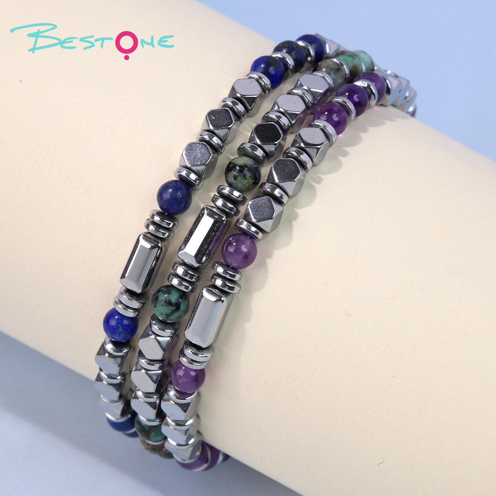 Natural Stone Bead Bracelet with Silver Hematite | Stainless Steel Jewelry Wholesale
