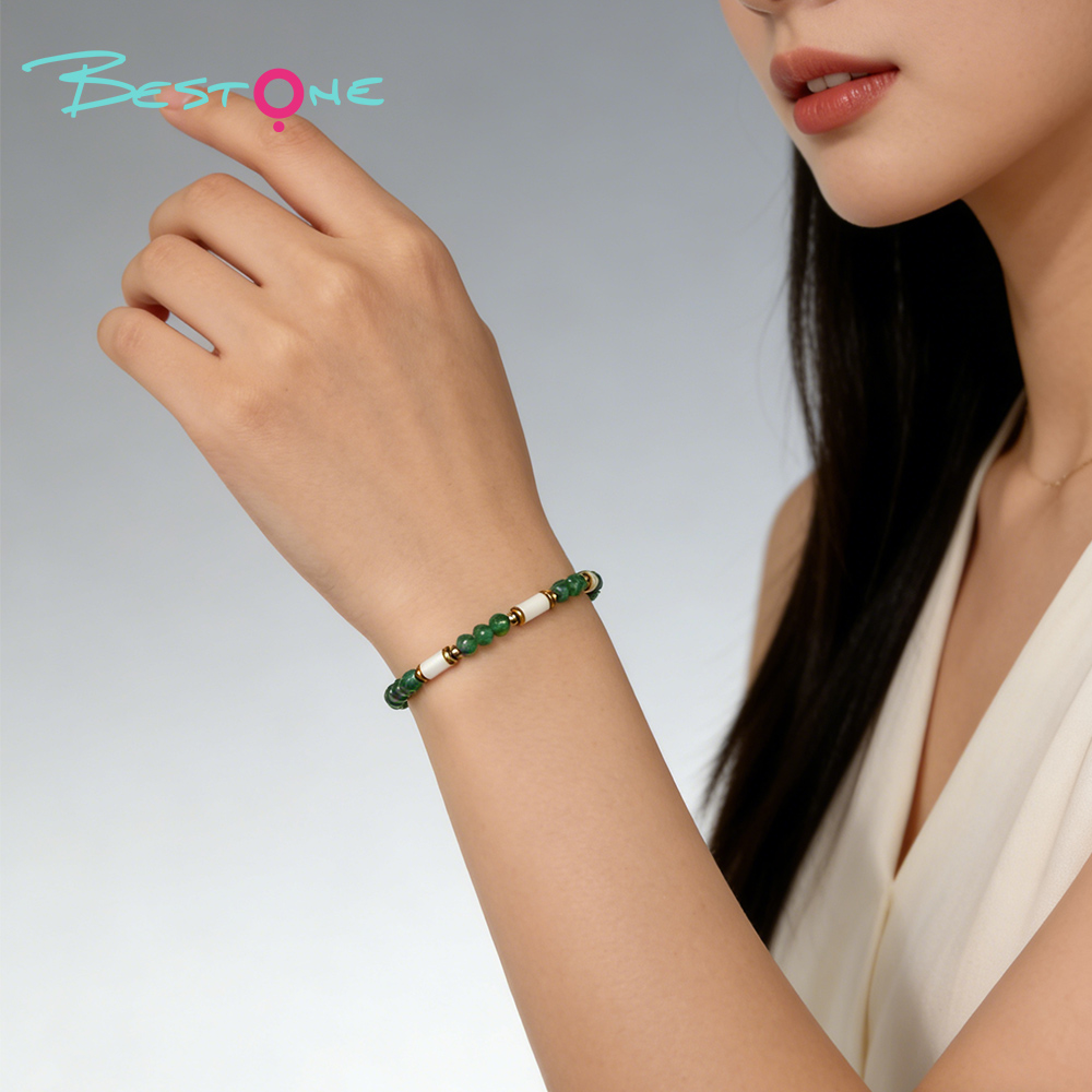 Ceramic & Natural Stone Bracelet with T-Bar Clasp | Gold Plated Jewelry Wholesale