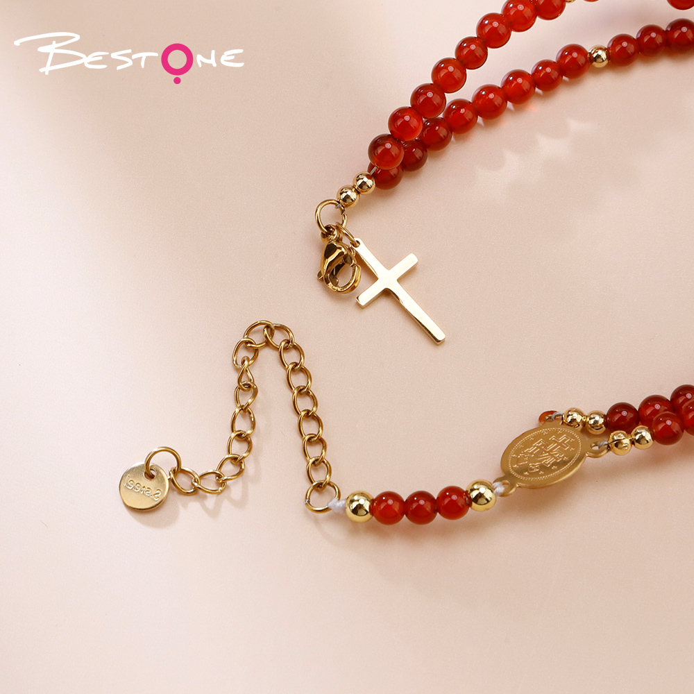 Natural Stone Beaded Cross Bracelet with Stainless Steel Charms