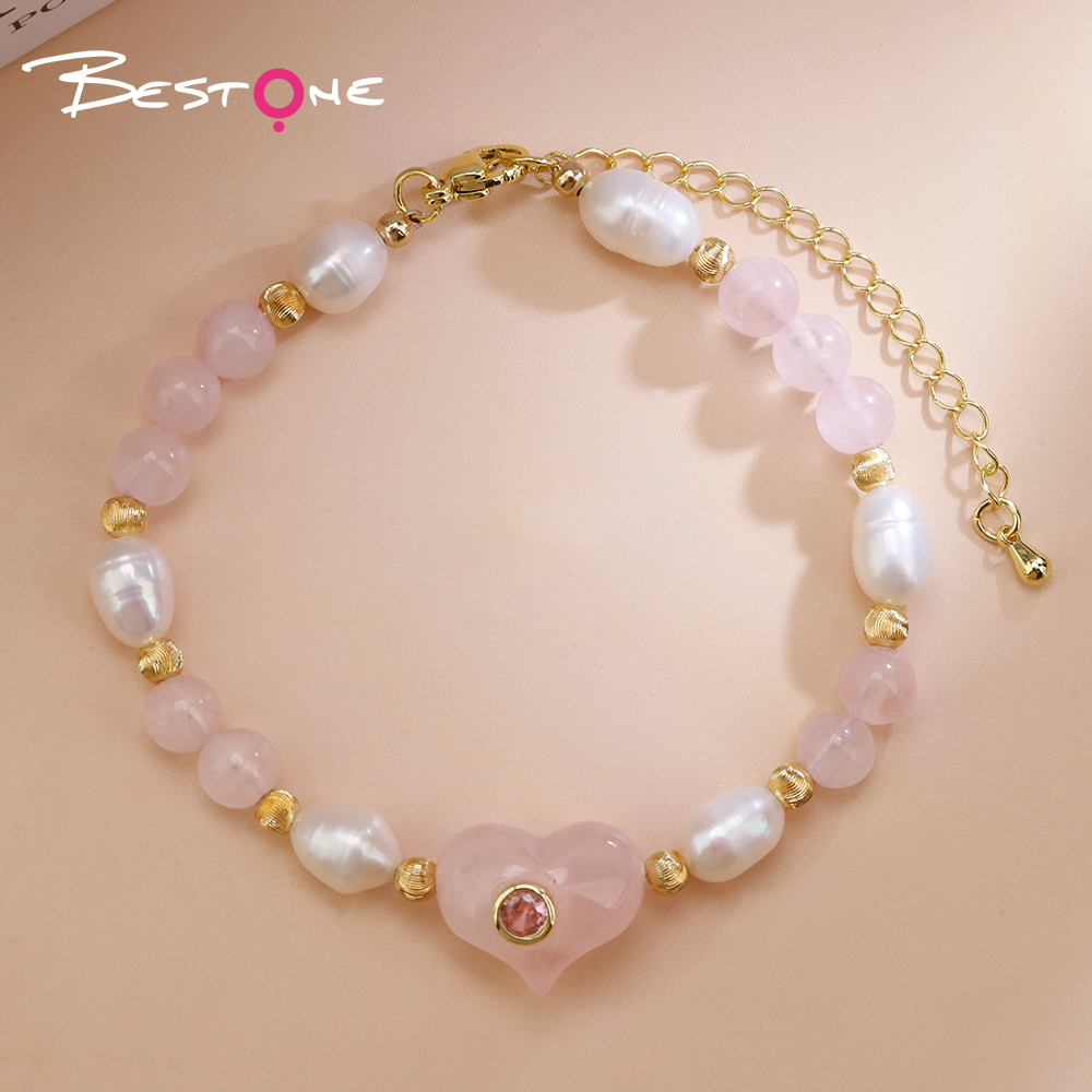 Natural Stone Pearl Beaded Heart Charm Bracelet