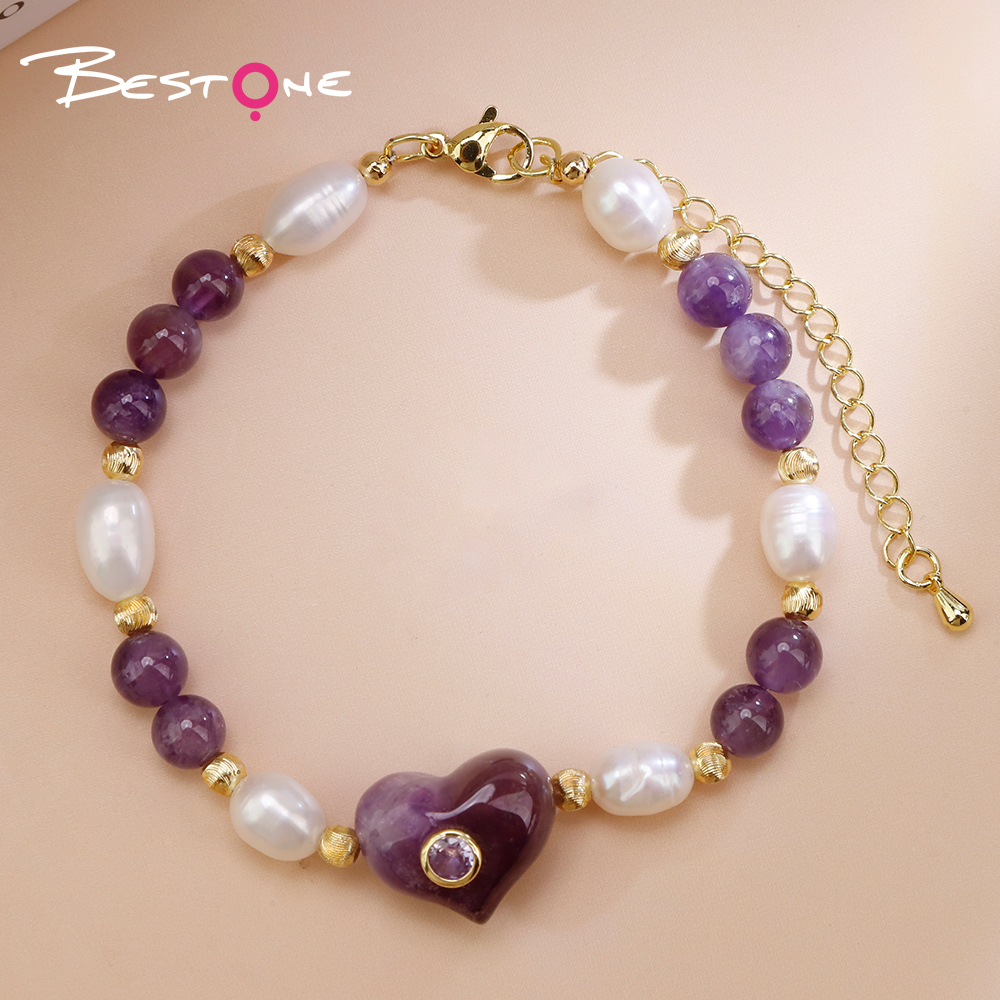 Natural Stone Pearl Beaded Heart Charm Bracelet