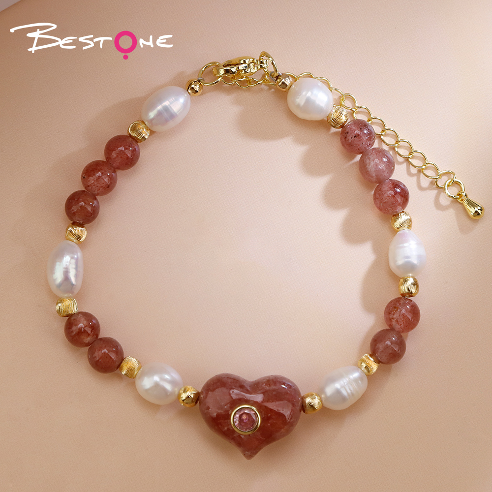 Natural Stone Pearl Beaded Heart Charm Bracelet
