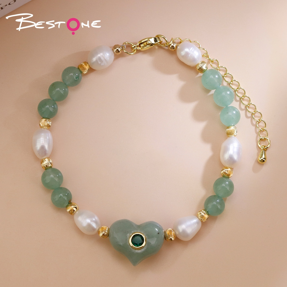 Natural Stone Pearl Beaded Heart Charm Bracelet