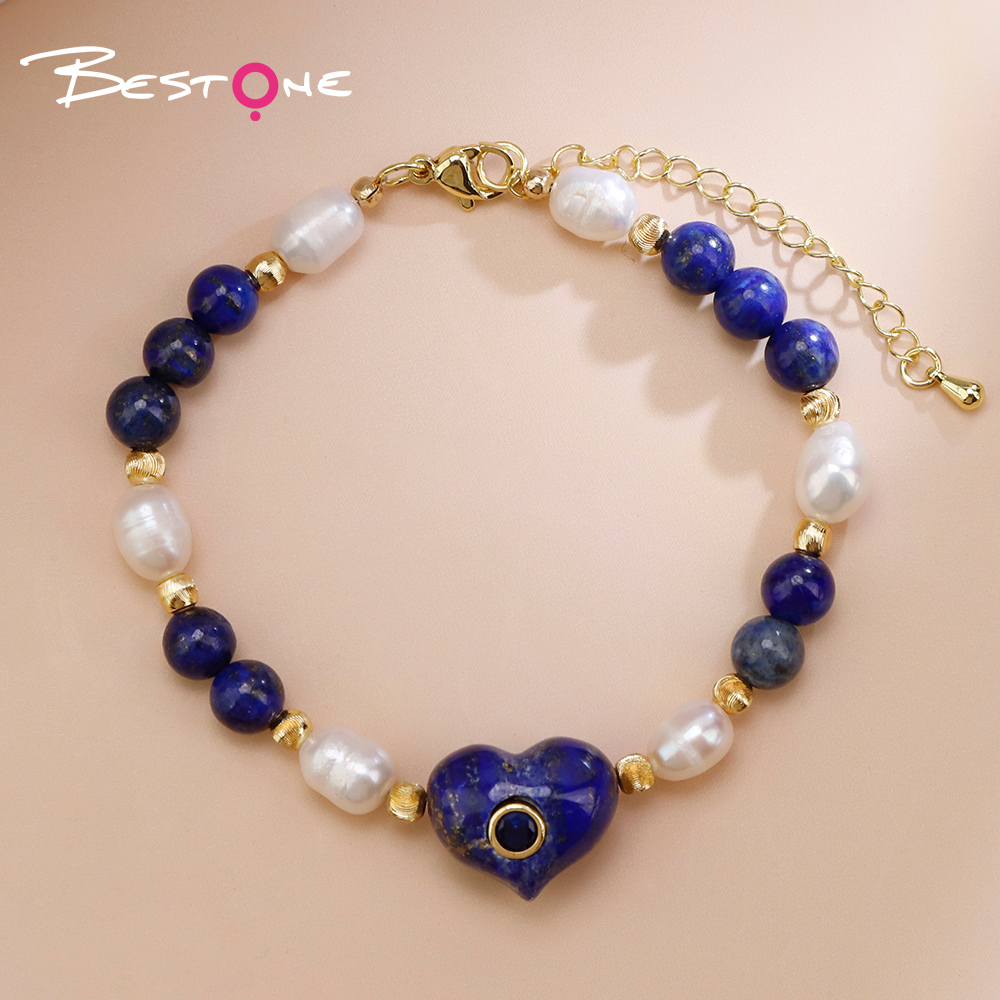 Natural Stone Pearl Beaded Heart Charm Bracelet
