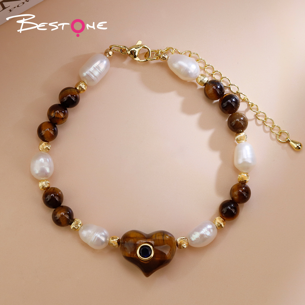 Natural Stone Pearl Beaded Heart Charm Bracelet