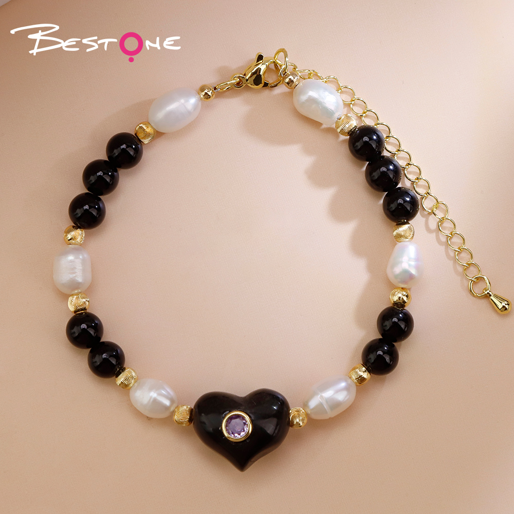 Natural Stone Pearl Beaded Heart Charm Bracelet