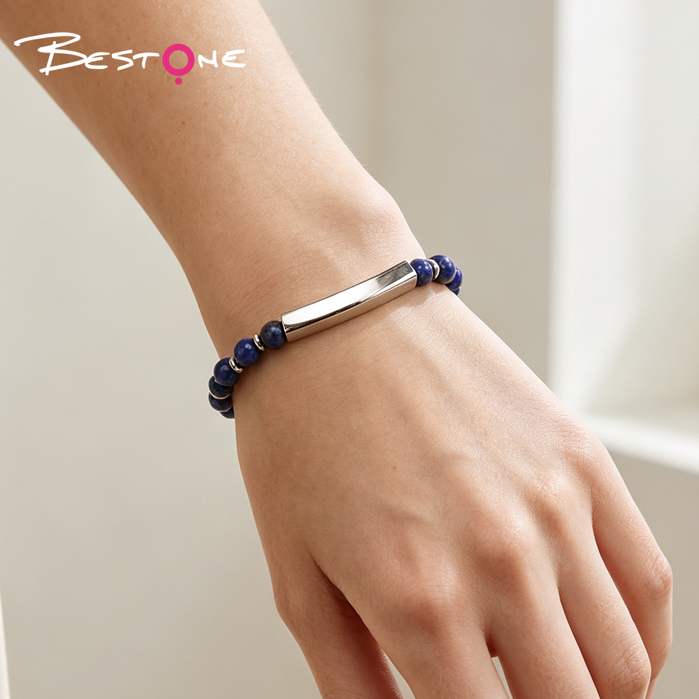 Natural Stone Beaded Bracelet with Stainless Steel Bar