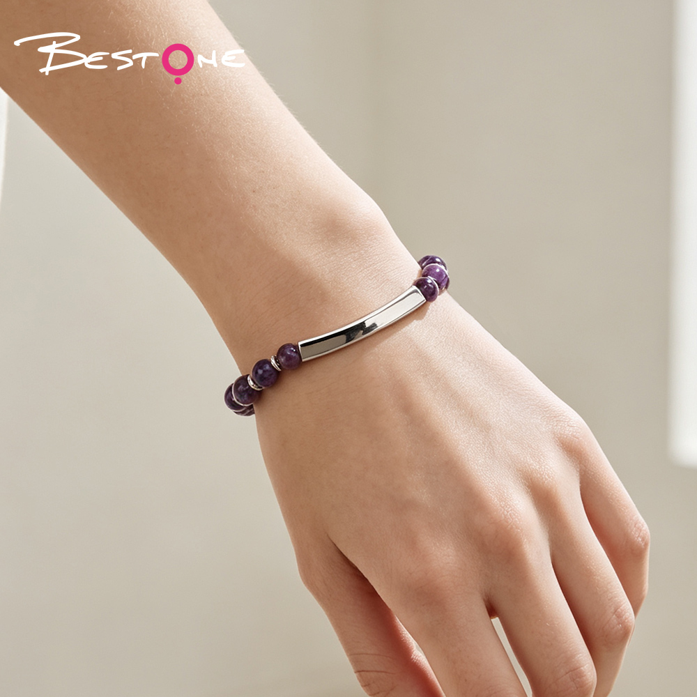 Natural Stone Beaded Bracelet with Stainless Steel Bar