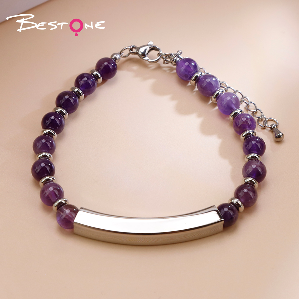 Natural Stone Beaded Bracelet with Stainless Steel Bar
