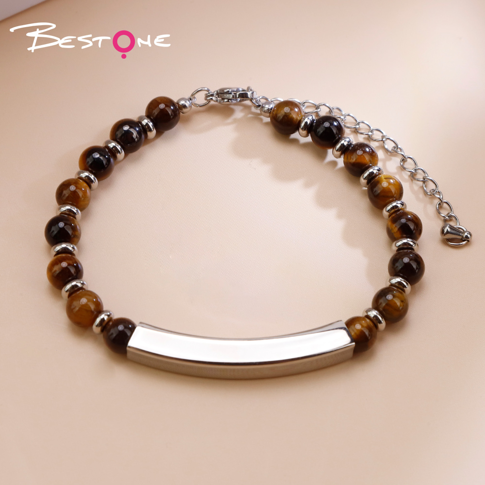 Natural Stone Beaded Bracelet with Stainless Steel Bar