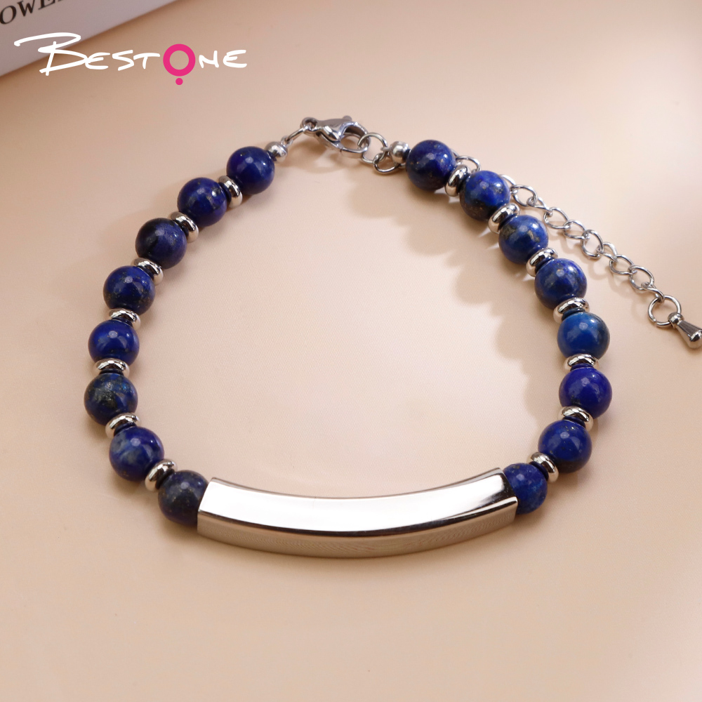 Natural Stone Beaded Bracelet with Stainless Steel Bar