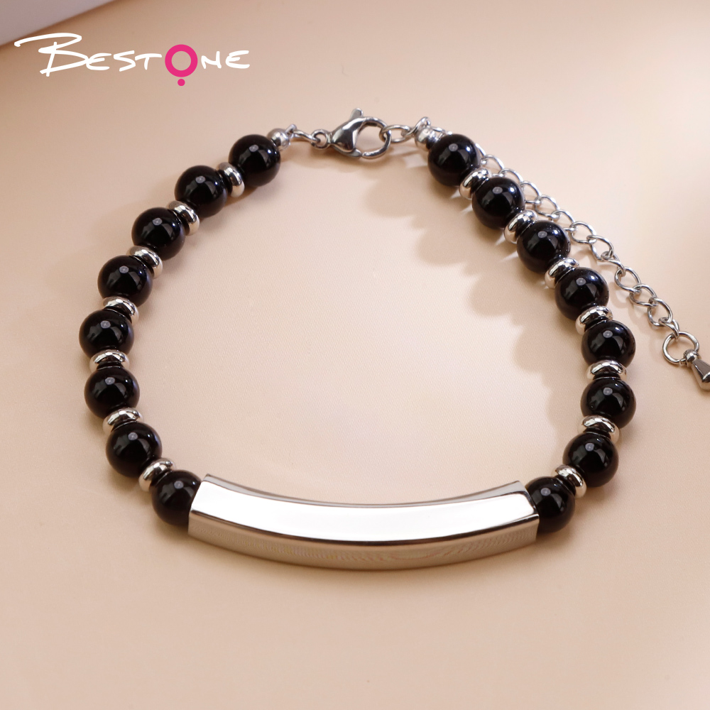 Natural Stone Beaded Bracelet with Stainless Steel Bar