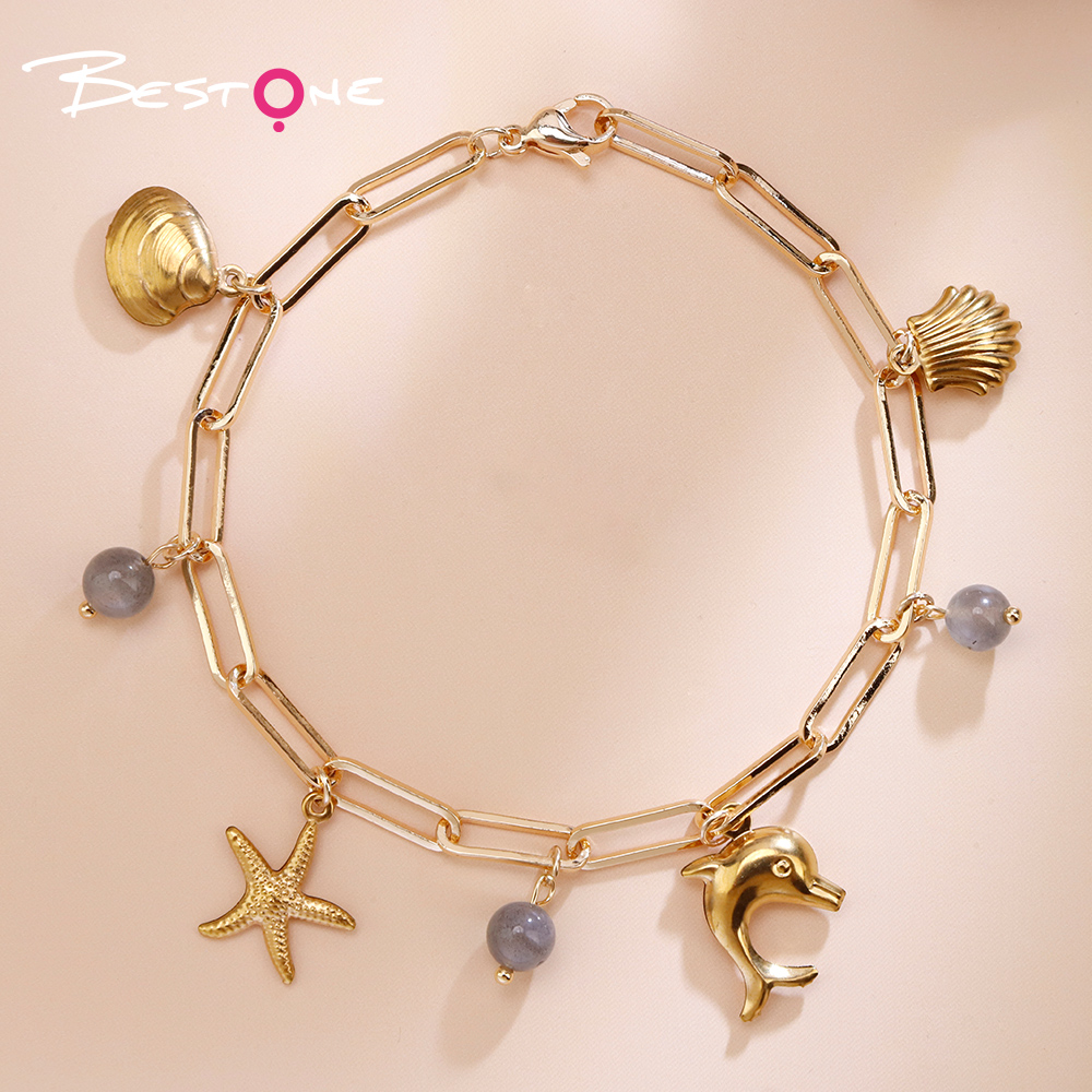Natural Stone Ocean Charm Bracelet with Stainless Steel Charms