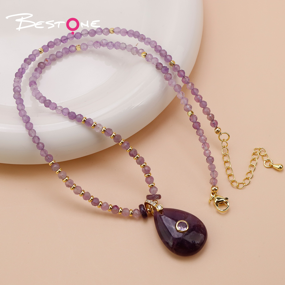 Natural Stone Teardrop Pendant Necklace with Sparkling Clasp