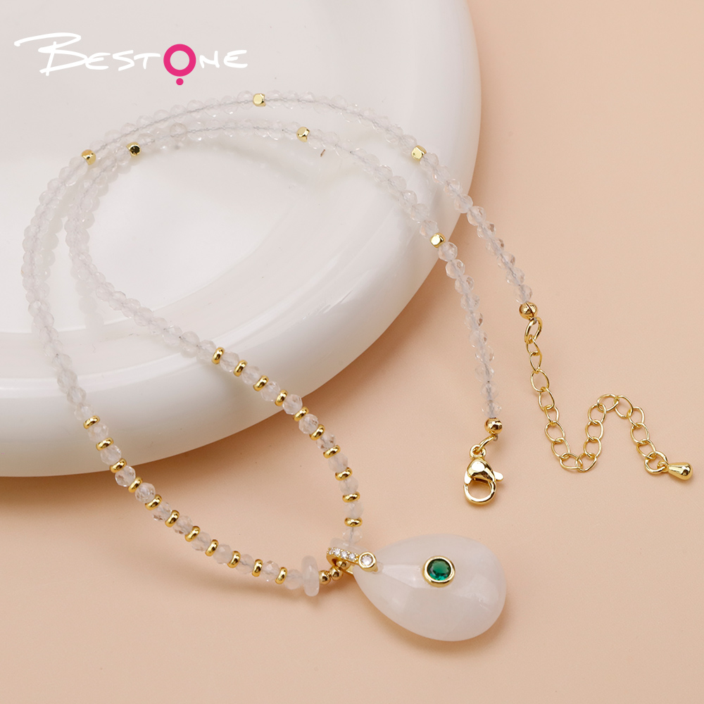 Natural Stone Teardrop Pendant Necklace with Sparkling Clasp