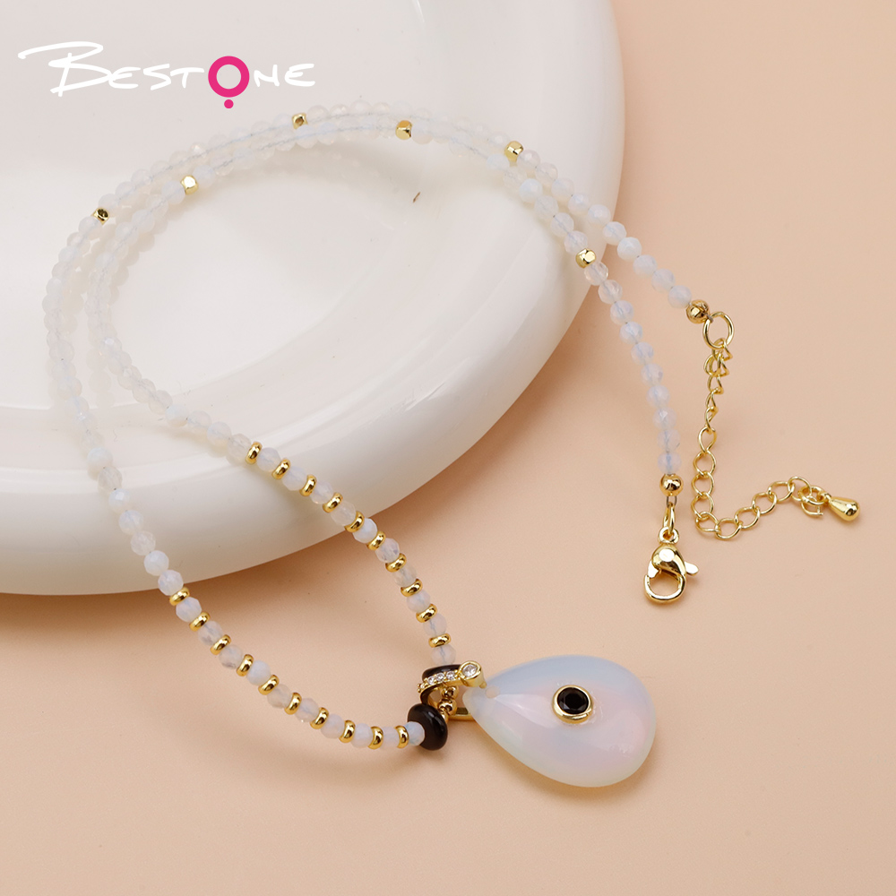 Natural Stone Teardrop Pendant Necklace with Sparkling Clasp