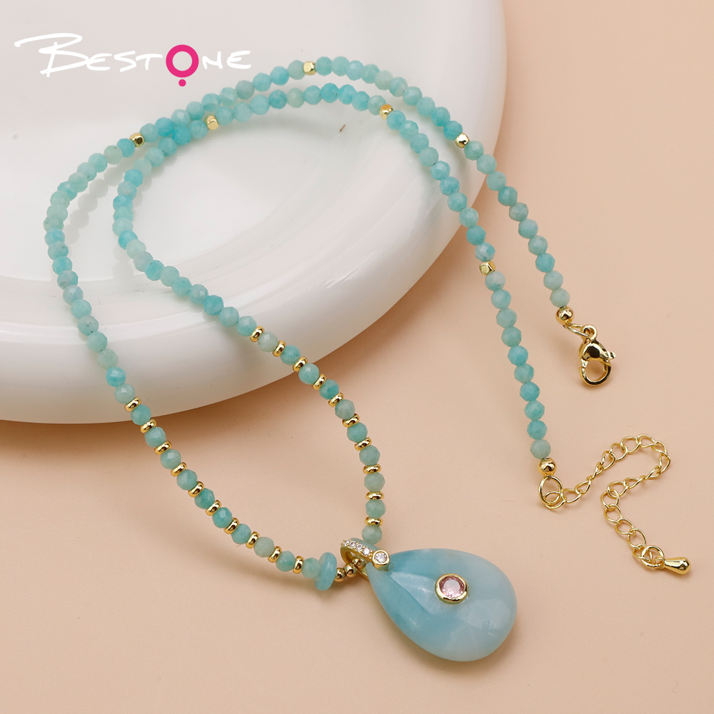 Natural Stone Teardrop Pendant Necklace with Sparkling Clasp
