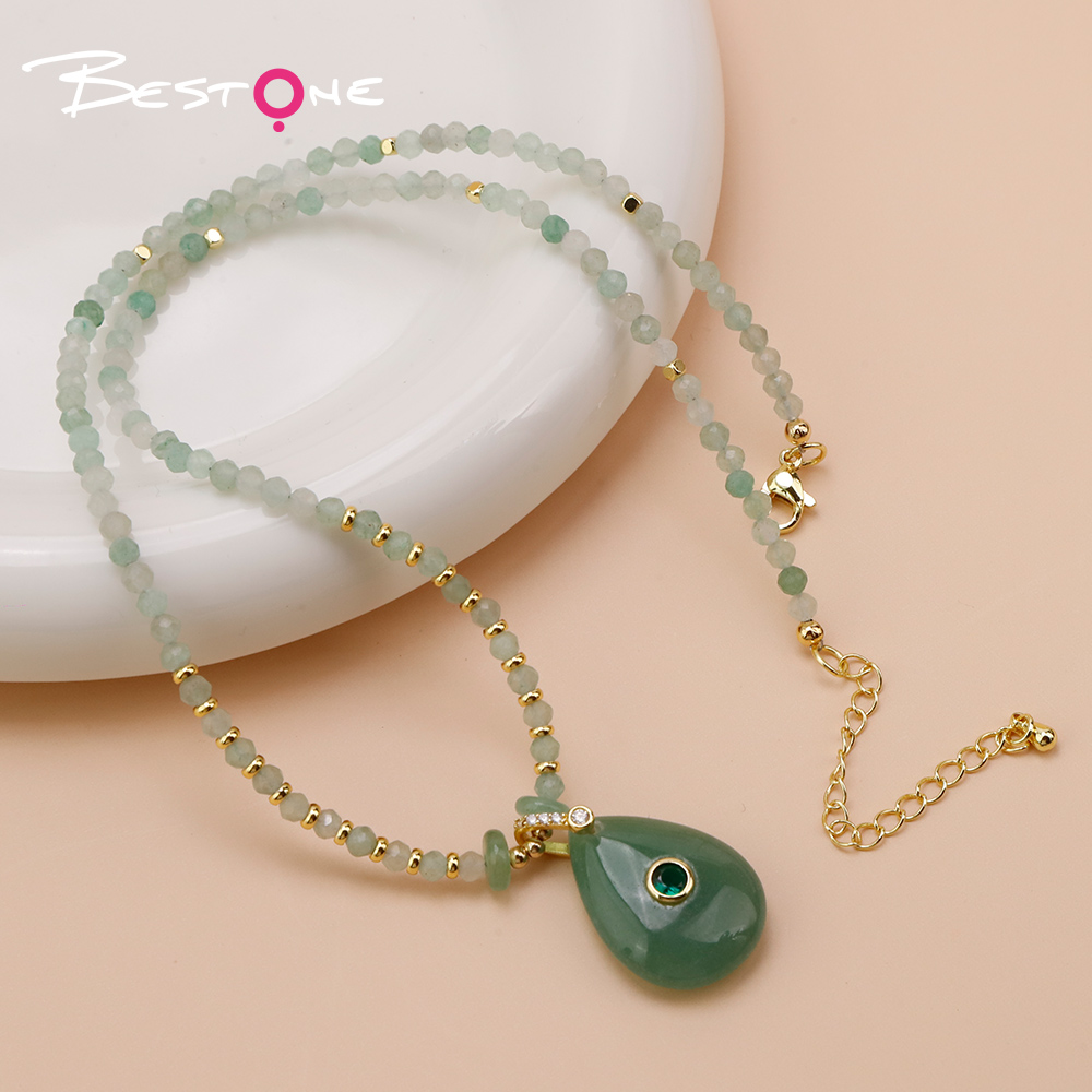 Natural Stone Teardrop Pendant Necklace with Sparkling Clasp
