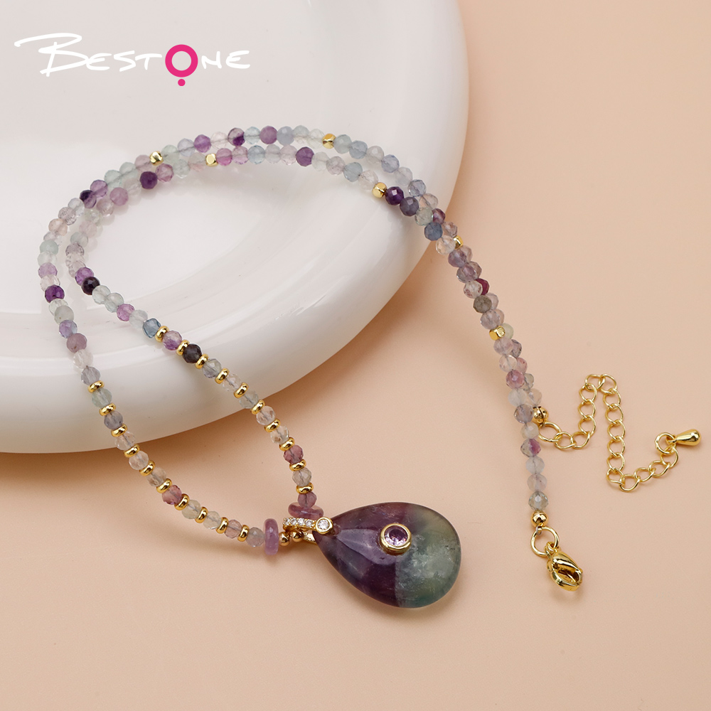 Natural Stone Teardrop Pendant Necklace with Sparkling Clasp