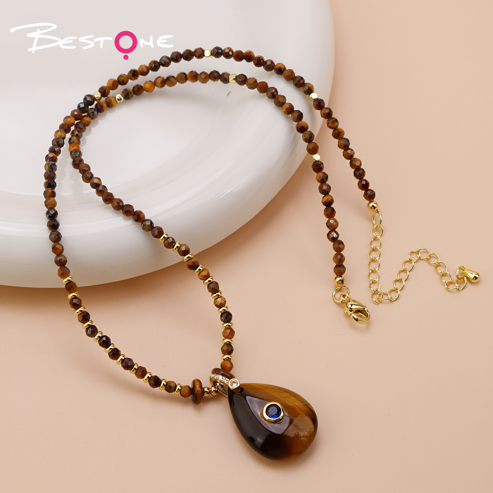 Natural Stone Teardrop Pendant Necklace with Sparkling Clasp