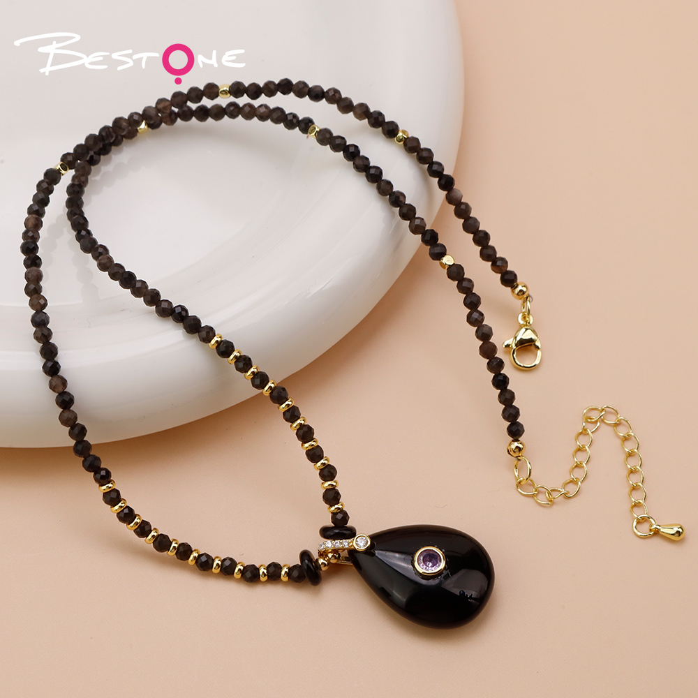 Natural Stone Teardrop Pendant Necklace with Sparkling Clasp