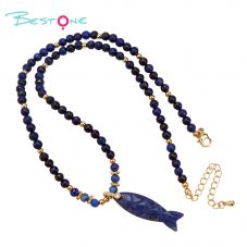 Natural Stone Beaded Necklace with Rhinestone Fish-Shaped Clasp