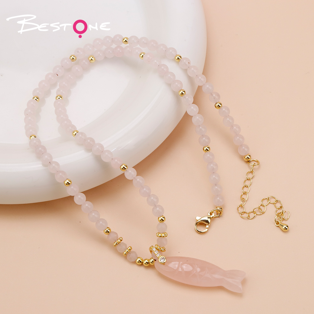 Natural Stone Beaded Necklace with Rhinestone Fish-Shaped Clasp