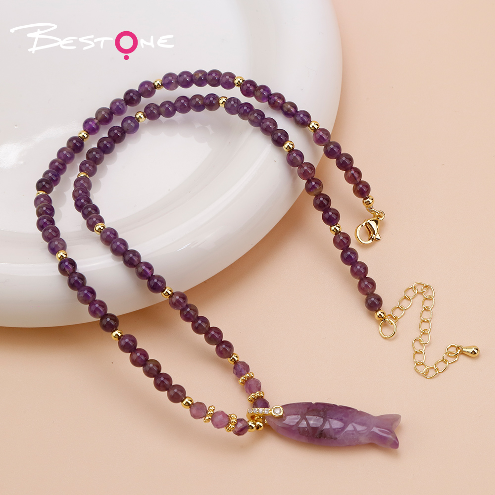 Natural Stone Beaded Necklace with Rhinestone Fish-Shaped Clasp