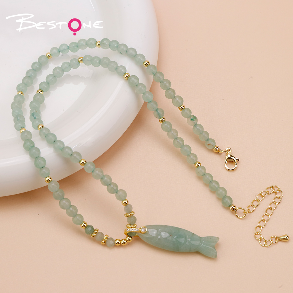 Natural Stone Beaded Necklace with Rhinestone Fish-Shaped Clasp