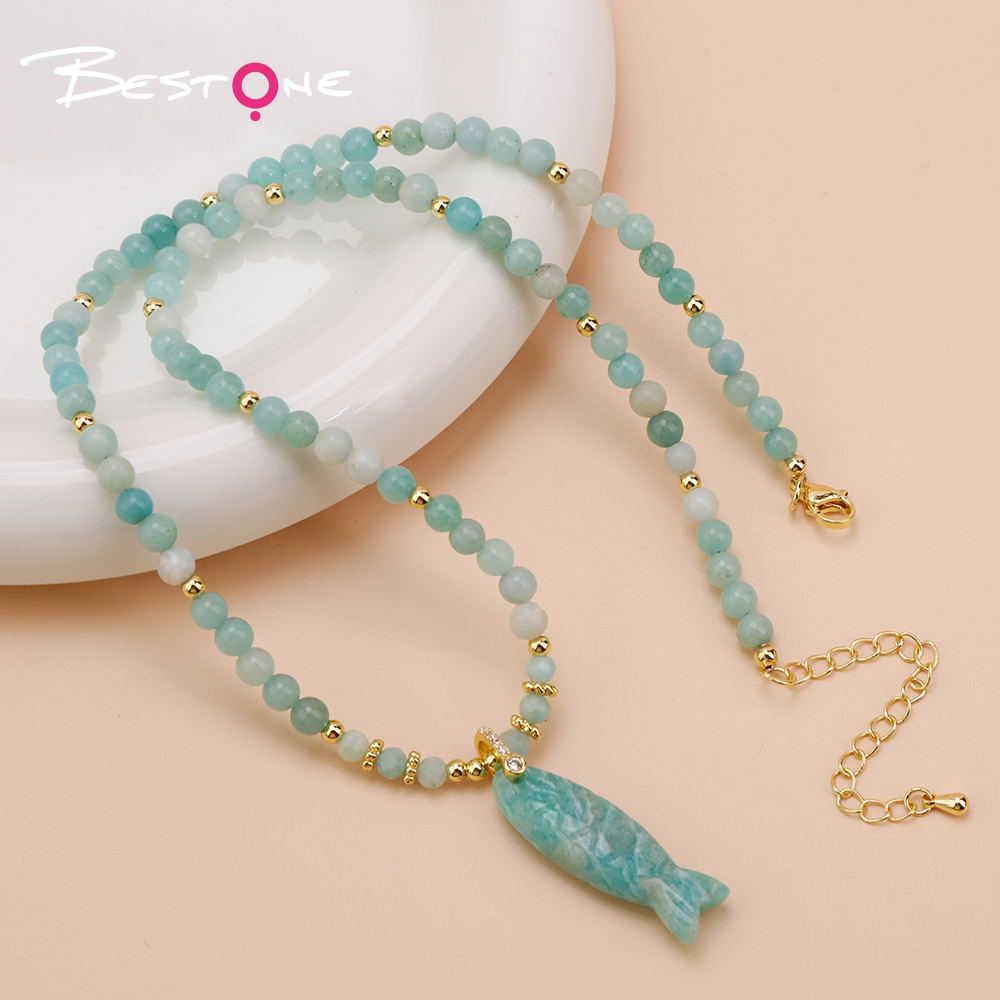 Natural Stone Beaded Necklace with Rhinestone Fish-Shaped Clasp