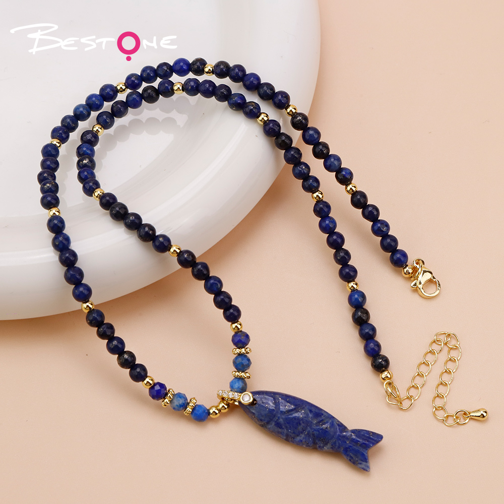 Natural Stone Beaded Necklace with Rhinestone Fish-Shaped Clasp