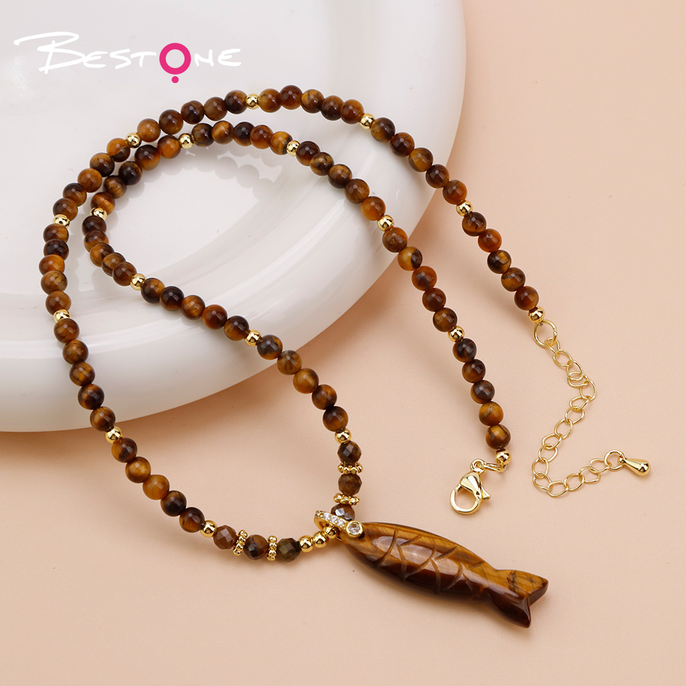 Natural Stone Beaded Necklace with Rhinestone Fish-Shaped Clasp