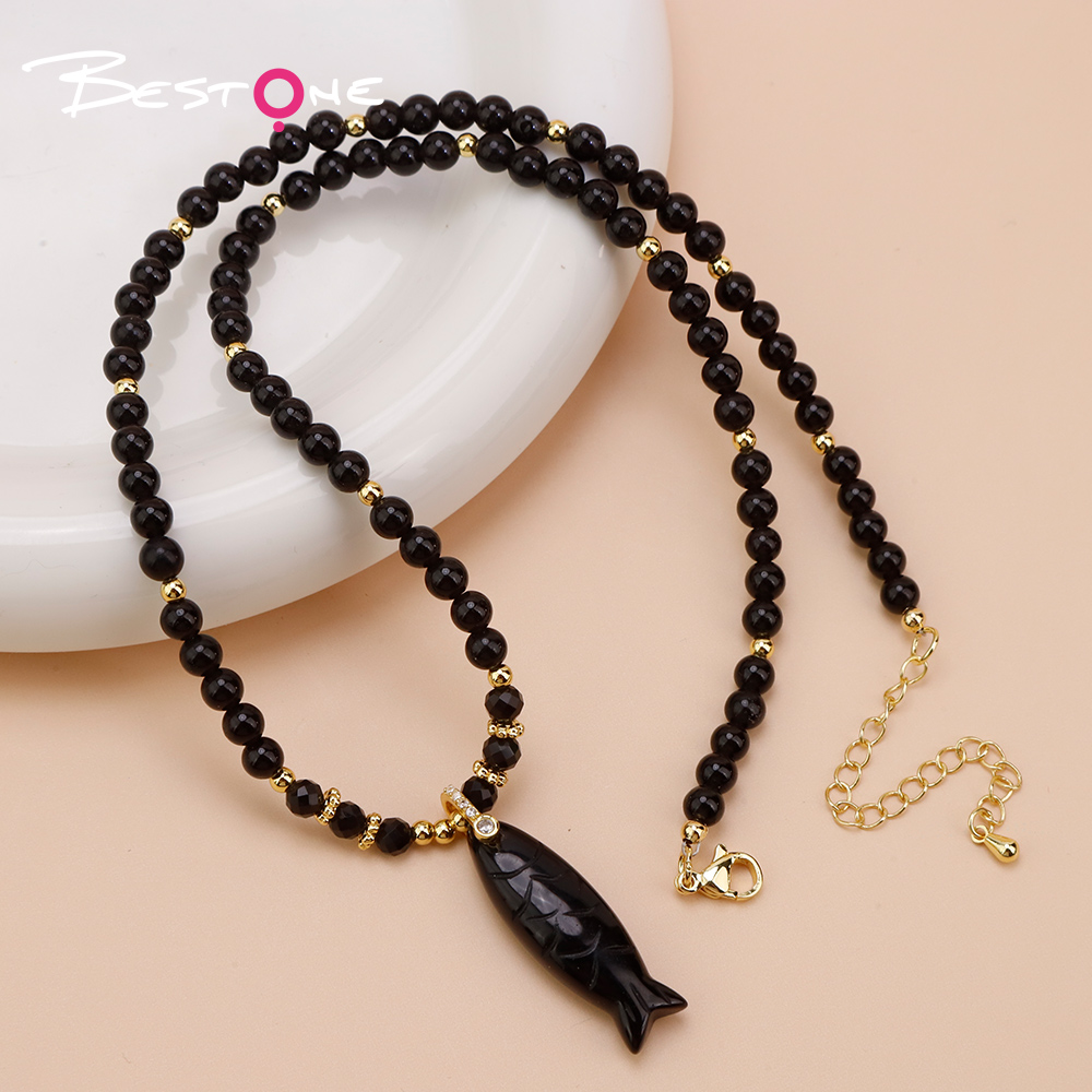 Natural Stone Beaded Necklace with Rhinestone Fish-Shaped Clasp