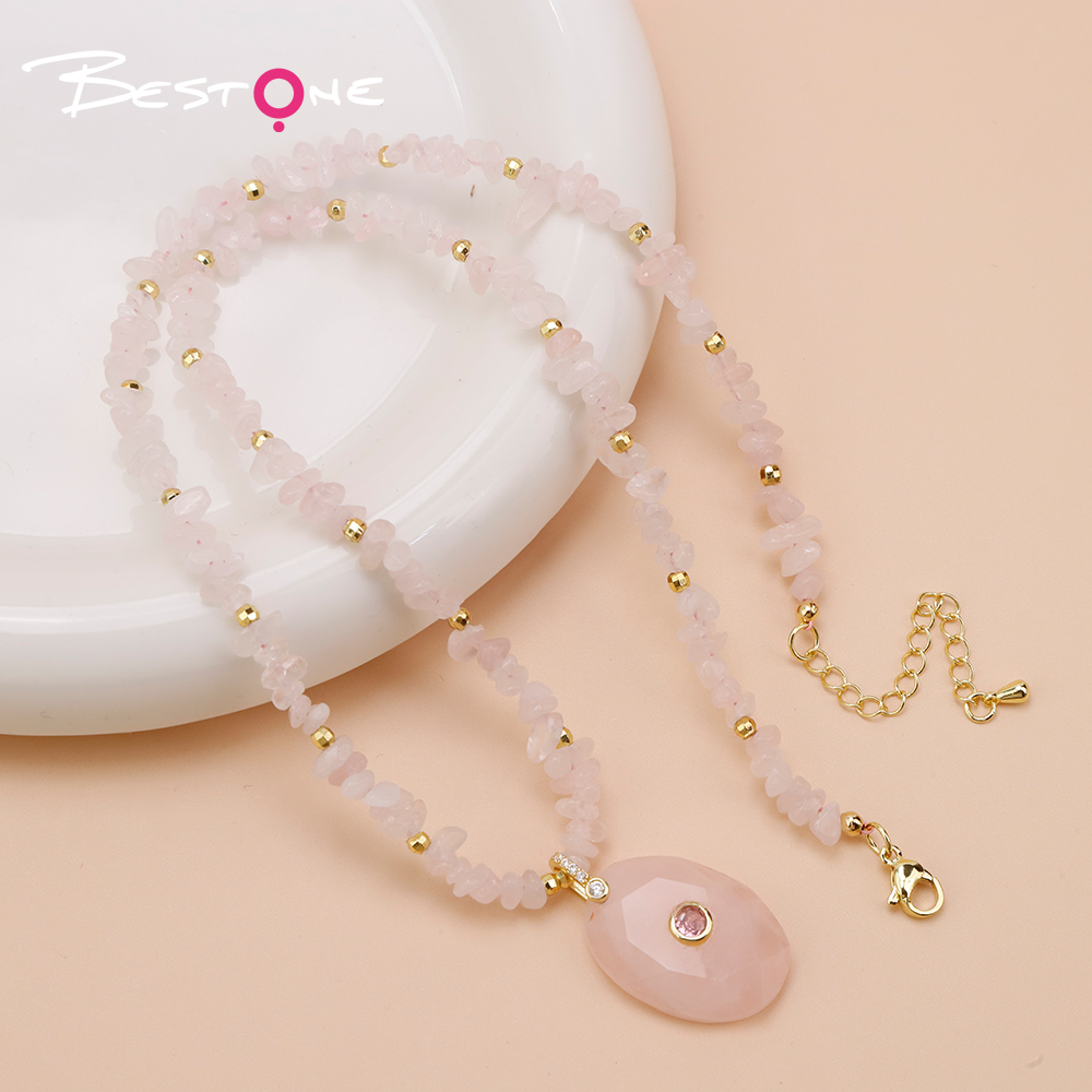 Natural Stone Statement Necklace with Faceted Oval Rhinestone Clasp