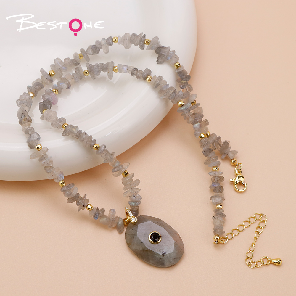 Natural Stone Statement Necklace with Faceted Oval Rhinestone Clasp