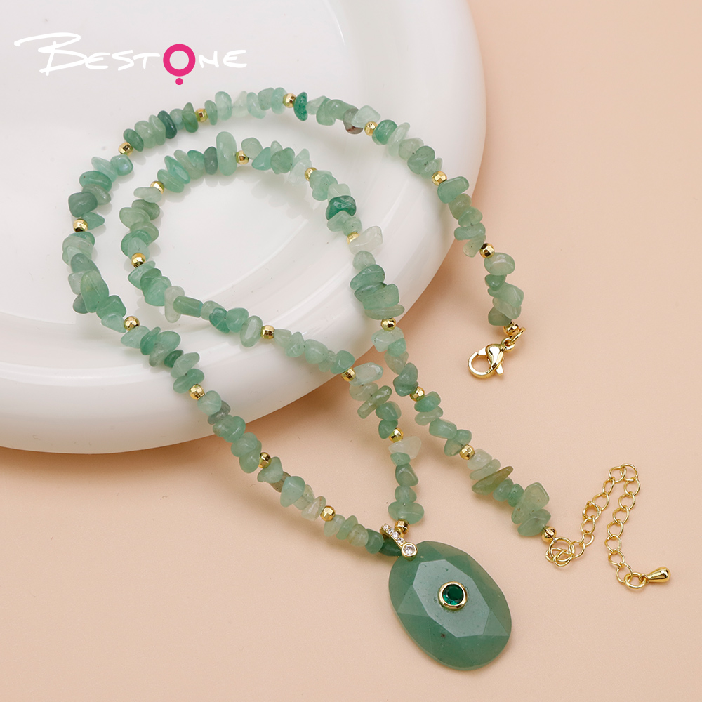 Natural Stone Statement Necklace with Faceted Oval Rhinestone Clasp