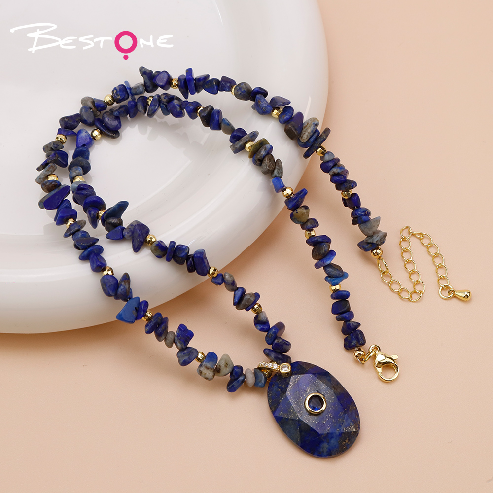 Natural Stone Statement Necklace with Faceted Oval Rhinestone Clasp