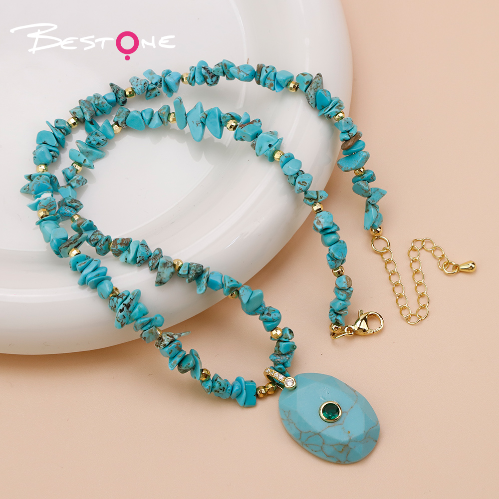 Natural Stone Statement Necklace with Faceted Oval Rhinestone Clasp