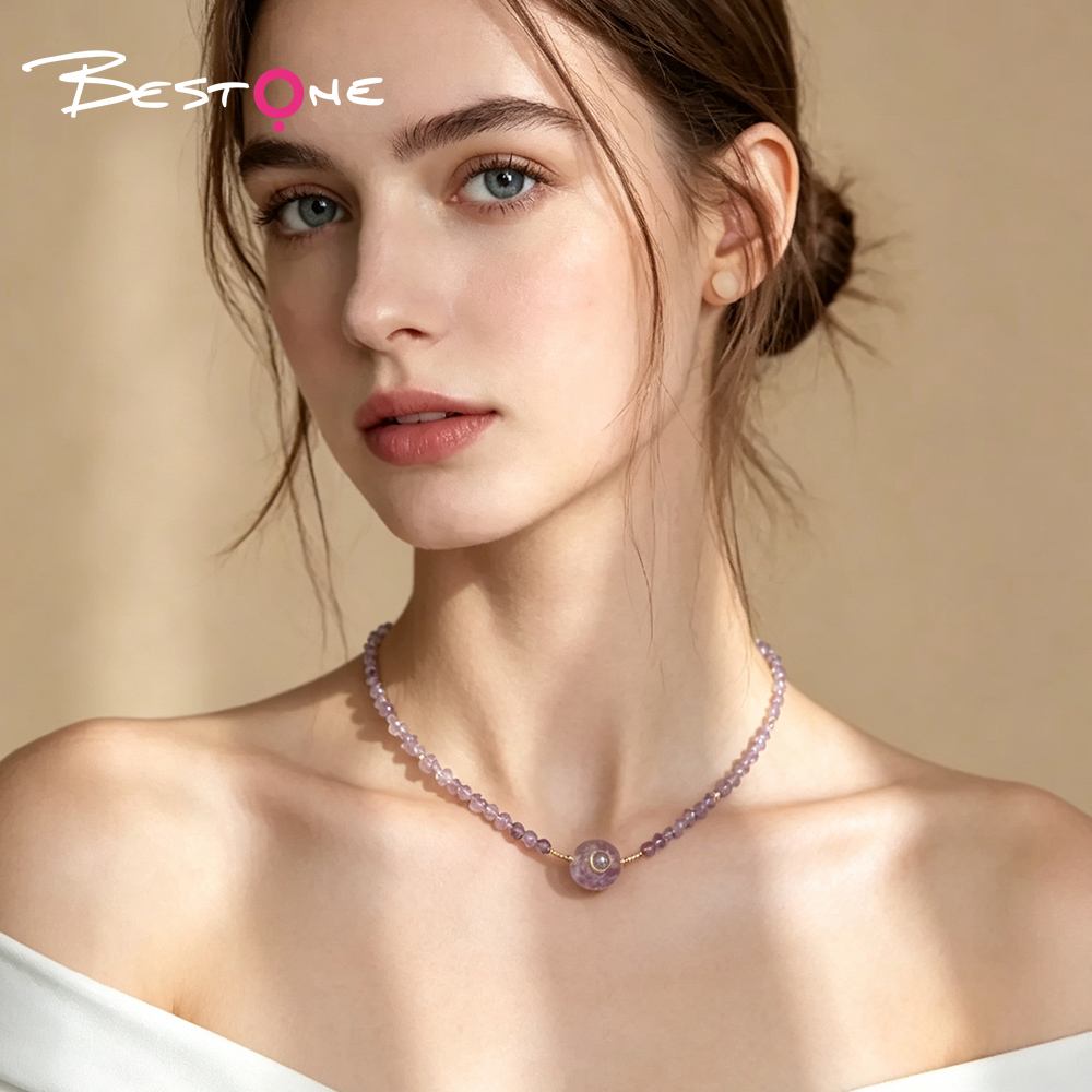Faceted Natural Stone Hexagon Necklace with Rhinestone Detail